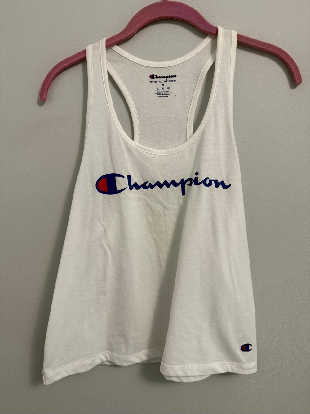 Champion White Racerback Tank with Blue & Red Logo
